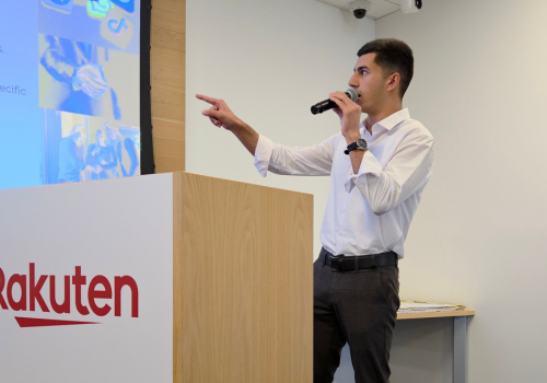 David pitching at a business event